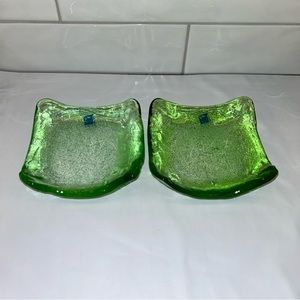 Vintage Art Glass Amici Green Trinket Candle Dish Square Ashtray Bubble